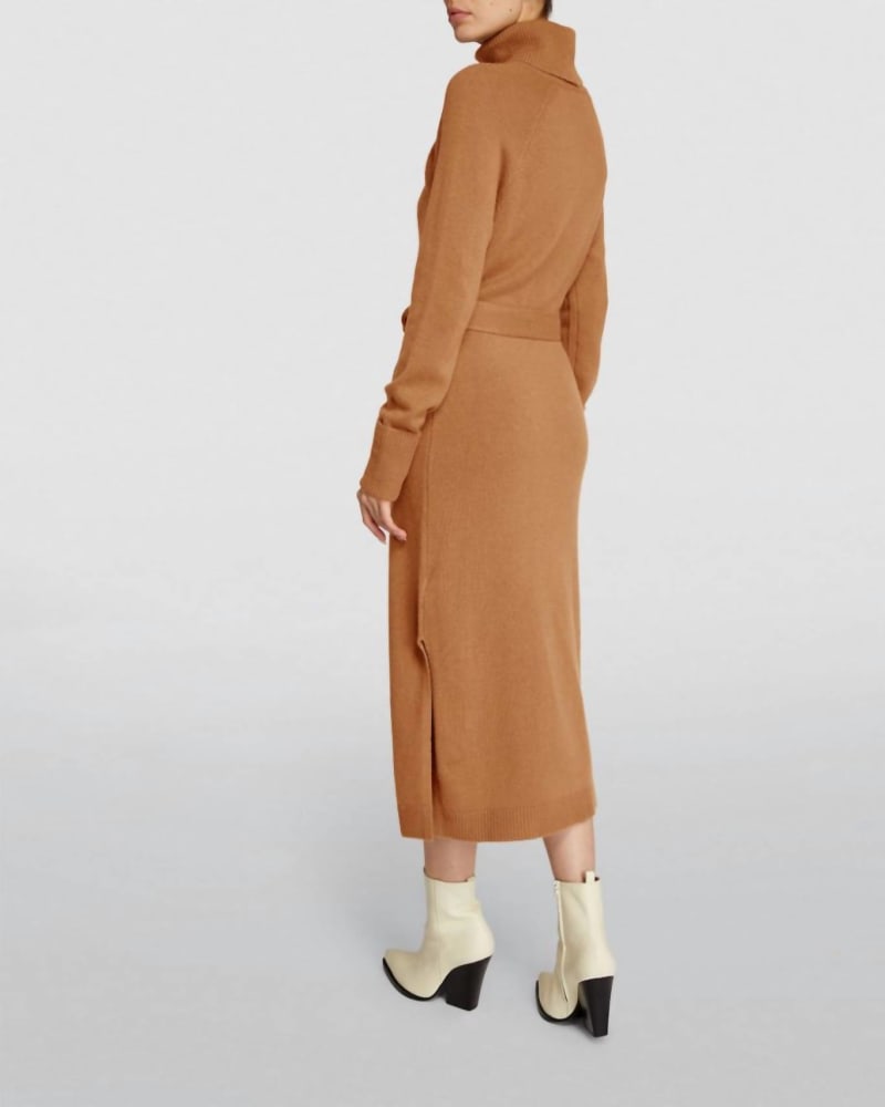 Back of a model wearing a size L Cherise Cutout Sweater Midi Dress in Toffee in Toffee by Paige. | dia_product_style_image_id:336366